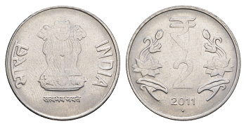 Индия 2 рупия 2011 "ромб" - Мумбаи KM 395 нержавеющая сталь 4648-1125