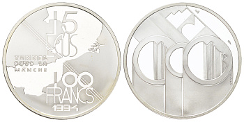 Франция 100 франков 1994 Тоннель под Ла-Маншем, в оригинальной упаковке, с сертификатом KM 1060 серебро PROOF 8-2-05-06