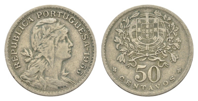 Португалия 50 сентаво 1955 голова Свободы вправо KM 577 никель латунь 4385-736