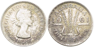 Австралия 3 пенса 1961 m, Елизавета II (1952-2022) KM 57 серебро 4516-155