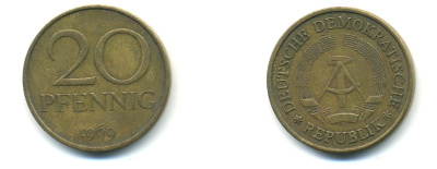 ГДР 20 пфеннигов 1969 А, первый год KM 11 латунь 80-215