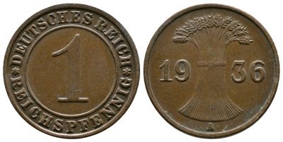 Германия 1 рейхспфенниг 1936 A KM 37, J. 313 бронза 220-134
