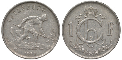 Люксембург 1 франк 1952 сталевар KM 46.2 медно-никель 4163-132