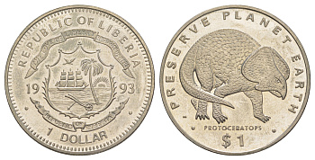 Либерия 1 доллар 1993 Сохраним планету Земля - Протоцератопс KM 98 медно-никель 00-1067-2-34
