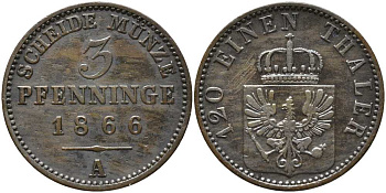 ПРУССИЯ 3 ПФЕННИГА 1866 А, ВИЛЬГЕЛЬМ I (1861-1888) KM 482 медь 4448-1136
