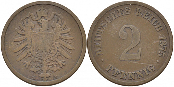 ГЕРМАНИЯ 2 ПФЕННИГА 1875 E, СТАРОГЕРБОВКА KM 2, J.2 медь 110-232