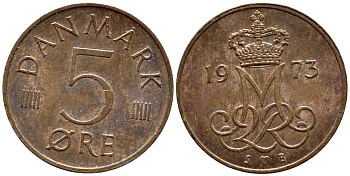 Дания 5 эре 1973 S; B, Маргрете II (1972- ) KM 859.1 железо плакированное медью UNC 4398-855