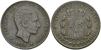 Испания 10 сентимо 1879 Альфонсо XII (1874 - 1885) KM 675 бронза 4593-745