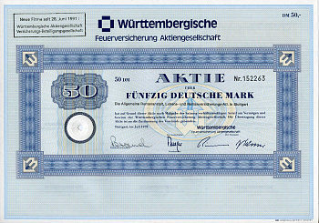 ФРГ 50 марок 1978 Акционерное общество по страхованию от пожаров Вюртемберга, акция   бумага   8803-92-1