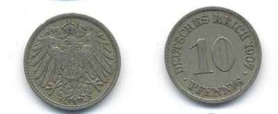 Германия 10 пфеннигов 1907 A KM 12, J. 13 медно-никель 58-253