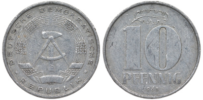 ГДР 10 пфеннигов 1968 A KM 10 алюминий 62-756