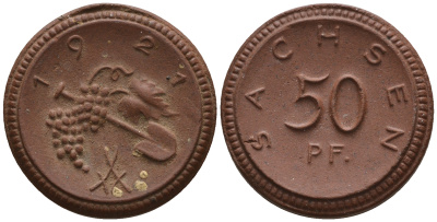 Саксония 50 пфеннигов 1921 виноград и лопата J. N 54 фарфор UNC 1094-8-41