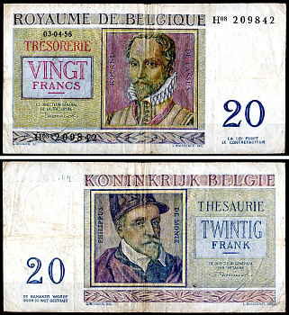 Бельгия 20 франков 1956 Pick 132 b бумага 6300-22-3-1
