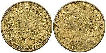 Франция 10 сантимов 1974 KM 929 алюминиевая бронза 4152-436