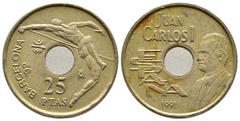 Испания 25 песет 1991 Олимпийские игры в Барселоне 1992 года, прыжки в высоту, Хуан Карлос I (1975-2014) KM 851 никель бронза 4609-421