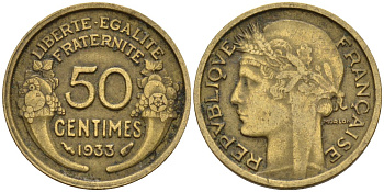 Франция 50 сантимов 1933 KM 894.1, Le Franc 192.15 алюминиевая бронза 4596-767