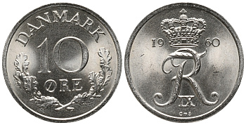 ДАНИЯ 10 ЭРЕ 1960 С; S, ФРЕДЕРИК IX (1947-1972) KM 849.1 медно-никель UNC 66-121