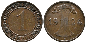 Германия 1 рентенпфенниг 1924 F KM 30, J. 306 бронза 39-835