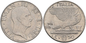 ИТАЛИЯ 50 ЧЕНТЕЗИМО 1941 R, ГОД XIX, ВИКТОР ЭММАНУИЛ III (1900-1946) KM 76b, VEM3. 1063 нержавеющая сталь 3853-356