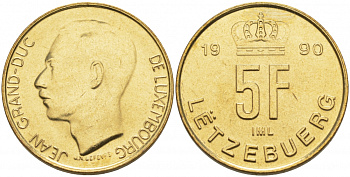 ЛЮКСЕМБУРГ 5 ФРАНКОВ 1990 ИЗ РОЛЛА KM 65 алюминиевая бронза UNC M18-21