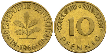 ФРГ 10 пфеннигов 1966 G KM 108, J.383 сталь плакированная латунью PROOF 1094-7-42