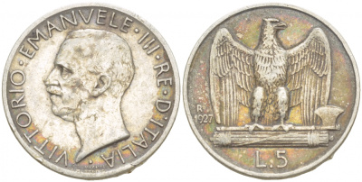 Италия 5 лир 1927 R, Виктор Эммануил III (1900-1946) KM 67.1 серебро 4541-211