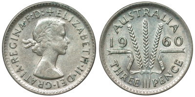 Австралия 3 пенса 1960 m, Елизавета II (1953-) KM 57 серебро 71-655