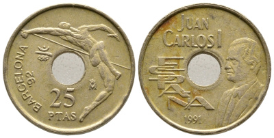 Испания 25 песет 1991 Олимпийские игры в Барселоне 1992 года, прыжки в высоту, Хуан Карлос I (1975-2014) KM 851 никель бронза 4609-421
