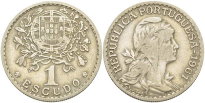 ПОРТУГАЛИЯ 1 ЭСКУДО 1961 ГОЛОВА СВОБОДЫ ВПРАВО KM 578 медно-никель 4517-434