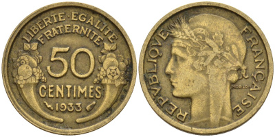 Франция 50 сантимов 1933 KM 894.1, Le Franc 192.15 алюминиевая бронза 4596-767