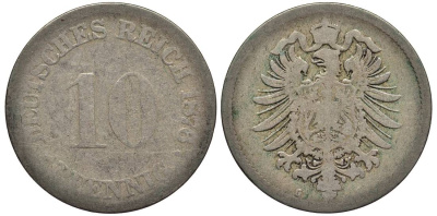 ГЕРМАНИЯ 10 ПФЕННИГОВ 1876 G, СТАРОГЕРБОВКА KM 4, Jager 4, Weege 7 медно-никель 4543-544