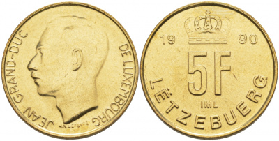 ЛЮКСЕМБУРГ 5 ФРАНКОВ 1990 ИЗ РОЛЛА KM 65 алюминиевая бронза UNC M18-21