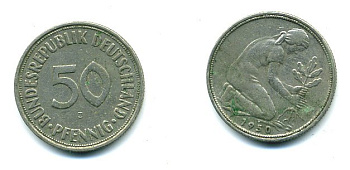 ФРГ 50 ПФЕННИГОВ 1950 J KM 109.1, J. 384 медно-никель 25-1834