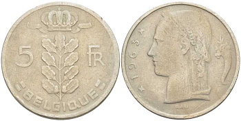 БЕЛЬГИЯ 5 ФРАНКОВ 1963 BELGIQUE, БОДУЭН I (1951-1993) KM 134.1 медно-никель 213-552