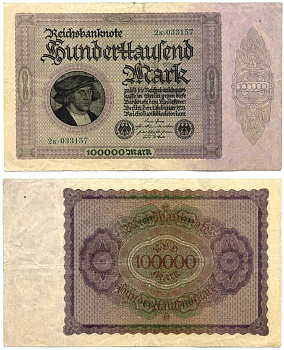 ГЕРМАНИЯ 100000 МАРОК 1923 1 ФЕВРАЛЯ 1923, ШЕСТЬ ЦИФР В НОМЕРЕ СЕРИИ, СЕРИЯ 2к ЗЕЛЁНАЯ Pick 83, Розенберг 82d бумага VF 6278-35-1-1