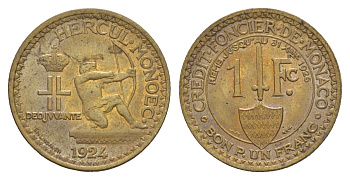 Монако 1 франк 1924 год-тип KM 111 алюминиевая бронза aUNC 5010-841