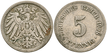 Германия 5 пфеннигов 1908 A KM 11, Jager 12, Weege 6 медно-никель 4364-4522