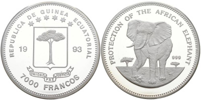 Экваториальная Гвинея 7000 франков 1993 серия защита исчезающих видов животных, слоны KM 77 серебро PROOF 1091-3-61