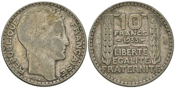 Франция 10 франков 1933 Пьер Тюрен KM 878, Le Franc 360.6 серебро 117-815
