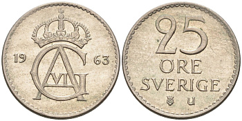 Швеция 25 эре 1963 Густав VI Адольф (1950-1973) KM 836 медно-никель 4585-463