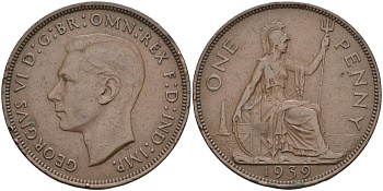 Великобритания 1 пенни 1939 Георг VI (1936-1952) KM 845, Spink 4114 бронза 4117-835