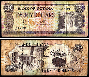 Гайана 20 долларов ND (1996-2018) водопад Кайетур, судостроение, паромное судно "Малали" Pick 30 e(2) бумага 3295-78-2-2