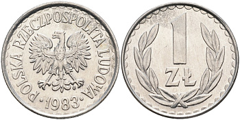 Польша 1 злотый 1983 MW, Народная Республика KM 49.1, Parchimowicz 213v алюминий UNC 4364-142