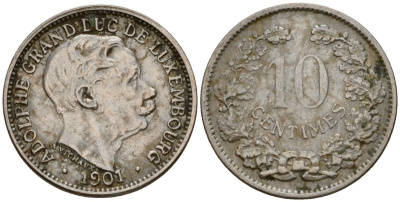 Люксембург 10 сантимов 1901 Адольф (1890-1905) KM 25 медно-никель 4602-432