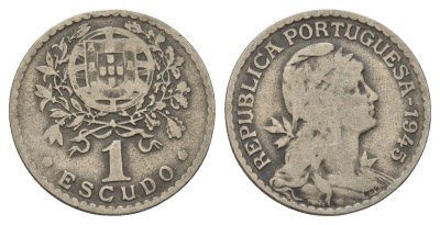 Португалия 1 эскудо 1945 KM 578 никель латунь 3336-717