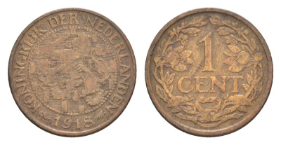 Нидерланды 1 цент 1918 Вильгельмина (1890-1948) KM 152 бронза 75-539