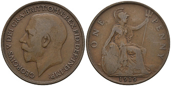 Великобритания 1 пенни 1919 Георг V (1910-1936) KM 810, Spink 4051 бронза 4607-1221