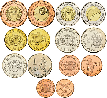 Андаманские и Никобарские острова набор из 7 монет 2011 животные, две монеты биметалл UNC N2-30