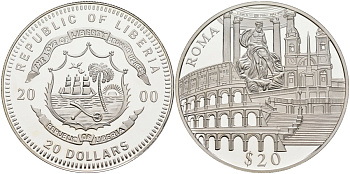 Либерия 20 долларов 2000 серия памятники архитектуры, Рим KM 641 серебро PROOF 04-321-15