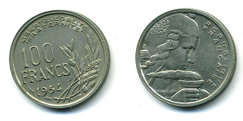 ФРАНЦИЯ 100 ФРАНКОВ 1954 KM 919.1, LE FRANC 450.2 медно-никель 84-841